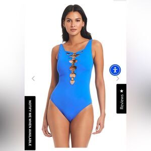 Bleu Rod Beattie Ring Me Up Plunge One-Piece Swimsuit Blue/Gold Sz 4 EUC